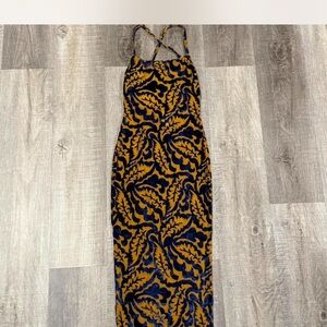 Elegant Blue and Gold Leaf Bodycon Pattern Dress